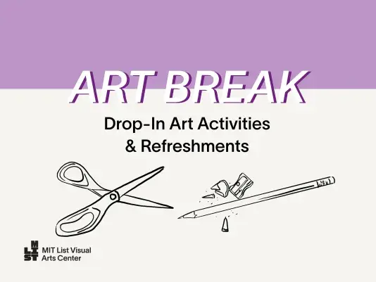 Black text that reads "ART BREAK Drop-in Activities &amp; Refreshments" over a cream background with a purple bar across the top half. Black digital drawings of scissors and a pencil with a sharpener are below the text.