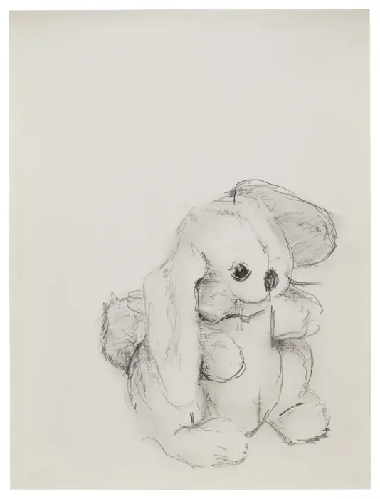Light pencil sketch of a plush bunny toy seated on a mostly blank page, with long floppy ears, dark round eyes, a small nose, and loosely drawn paws and body details.