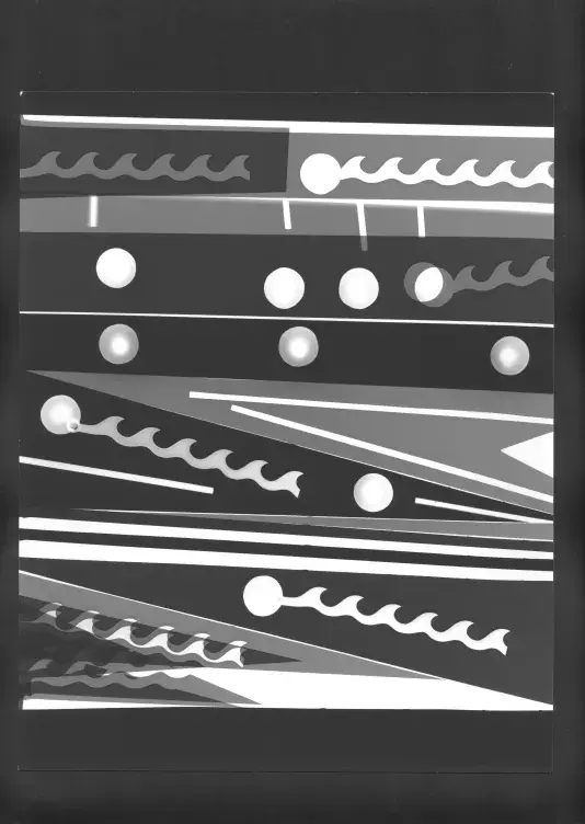Abstract black-and-white geometric artwork with horizontal bands, circles, wavy flame-like lines, diagonal stripes, and overlapping triangular shapes arranged in a layered, high-contrast composition.