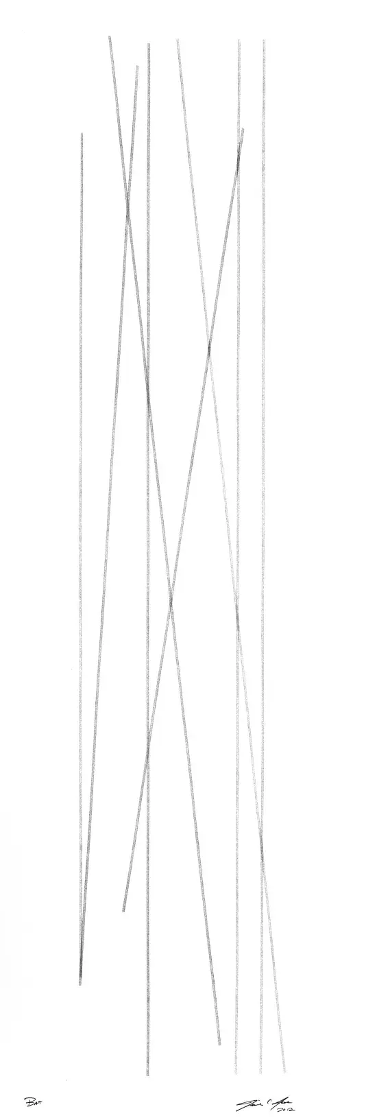 Minimalist abstract drawing on a white background, featuring several very thin vertical and diagonal gray lines that cross and overlap to form tall, narrow X-like shapes. Small artist signatures appear near the bottom edge.