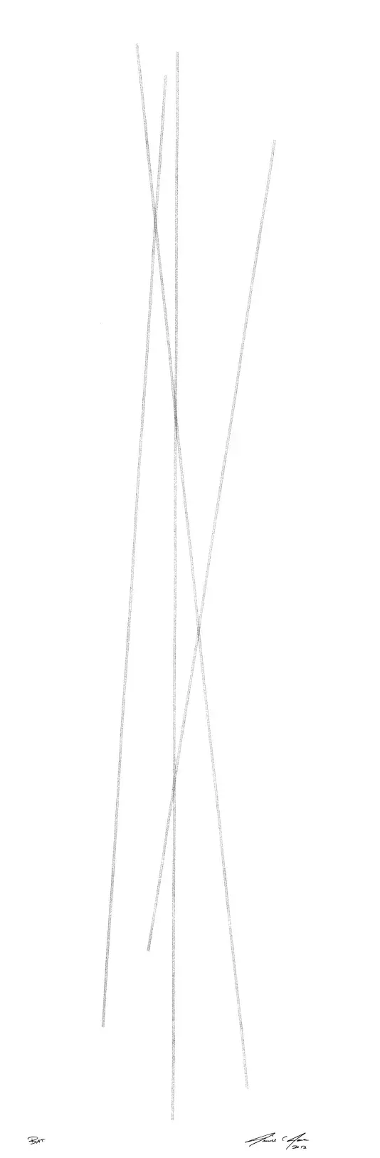 Minimalist abstract drawing on a white background with a small cluster of very thin gray vertical and diagonal lines. The lines overlap and cross at several points, creating tall, narrow X-like forms, with artist signatures along the bottom edge.