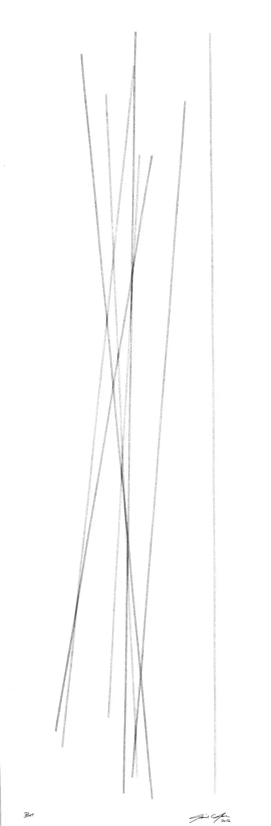 Minimalist abstract drawing on a white background, showing many thin gray vertical and diagonal lines clustered near the center and one isolated vertical line on the right. The lines overlap and intersect to form elongated X-like shapes, with artist signatures near the bottom edge.