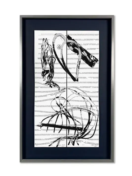 Framed artwork featuring two vertically aligned document pages covered with double rows of legal text, overlaid by bold black gestural brushstrokes forming an abstract figure or sweeping calligraphic shape. The lines of text follow the brushstrokes when intercepted. The pages are mounted on a dark navy background inside a black and metallic frame.