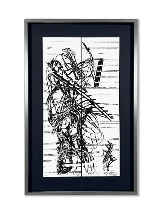 Framed artwork featuring two vertically aligned document pages covered with double rows of legal text, overlaid by bold black gestural brushstrokes forming an abstract figure or sweeping calligraphic shape. The lines of text follow the brushstrokes when intercepted. The pages are mounted on a dark navy background inside a black and metallic frame.