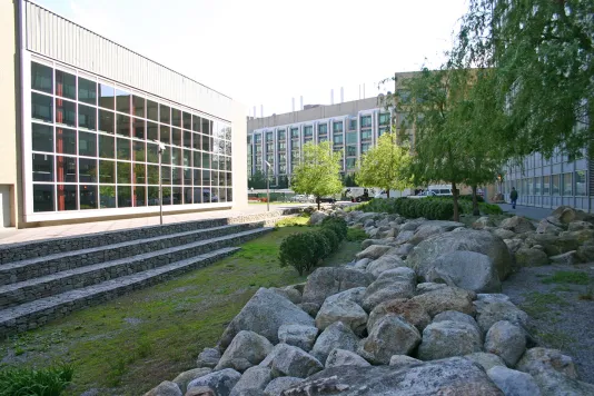 Glass building on the left and rock landscaping and stone stairs in the foreground.