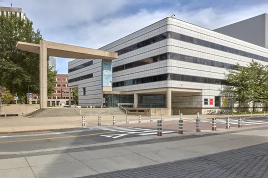 The Wiesner Building photographed from across Ames Street on MIT campus