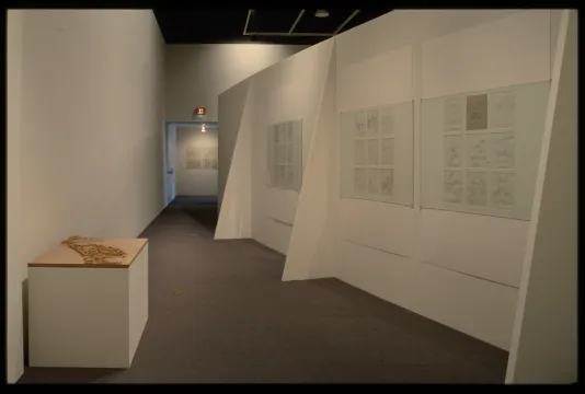 Gallery walls display architectural designs of artist Alvaro Siza. Small landscape models are shown on pedestals.