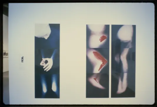 A gallery wall displays three tall photographic prints of a body. Each photograph shows the body from different perspectives.