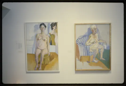 Two paintings depict nude female forms. Each figure is seated in cushioned chairs and gazing at the viewer.