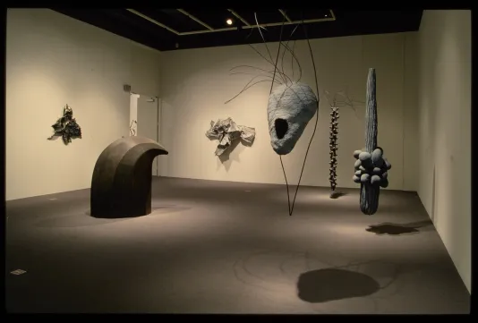 Organically shaped sculptures hang from the ceiling and walls. Each sculpture is spotlit, creating shadows on the floor.