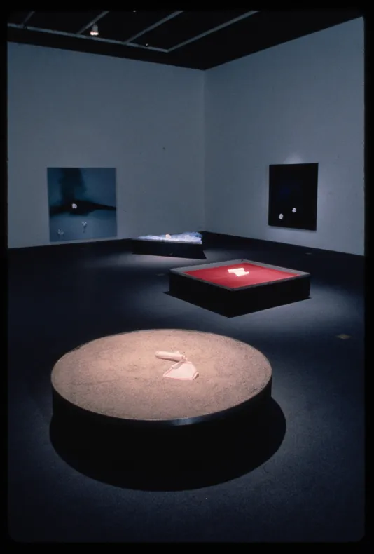 Circular, square, and triangular pedestals are spotlit in the gallery. Blue toned works hang behind them on the walls.  