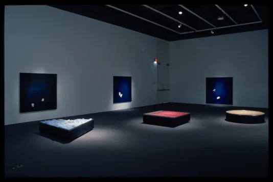 Circular, square, and triangular pedestals are spotlit in the gallery. Blue toned works hang behind them on the walls. 