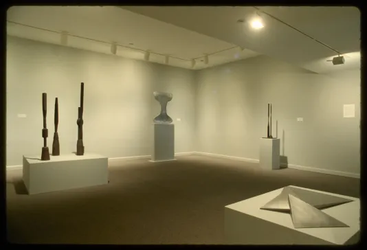 Sculptures of many forms stand on pedestals in the gallery. Each pedestal is at a different height.