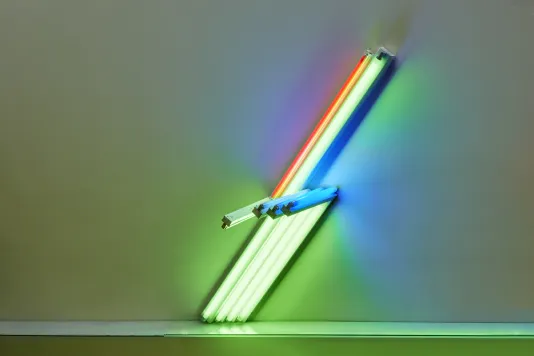 An installation by Dan Flavin consists of parallel LED light beams.