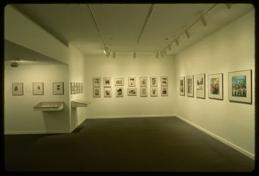 Photographs line the walls of the gallery space. Photos are grouped with others in their series or are in display cases. 