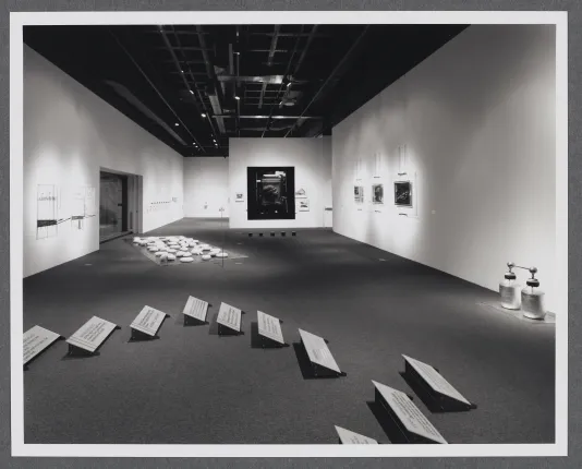 An installation view of the gallery with floor installations as well as works going around the gallery walls. 