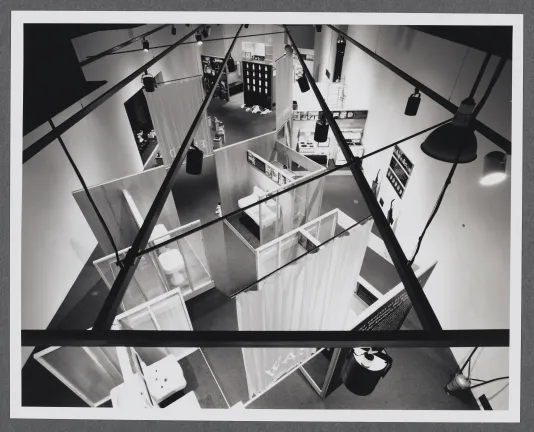 A birds eye view of the exhibition The Process of Elimination: The Kitchen and Bathroom in Modern Consumer Culture. 