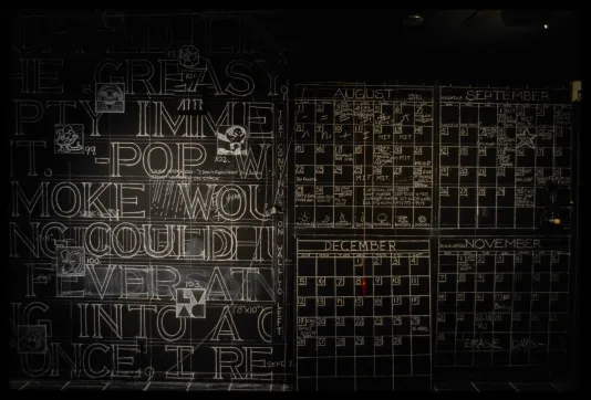 Black wall with spotlit white chalk verbal notations on it: large words on the left, and four notated calendars on the right. 