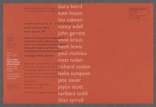 The postcard for the exhibition Subversive Craft, MIT List Visual Arts Center, 1993.