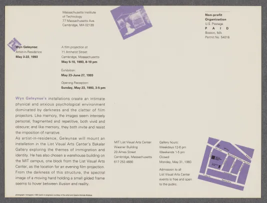 The postcard for the exhibition Wyn Geleynse: Artist-in-Residence, MIT List Visual Arts Center, 1993.