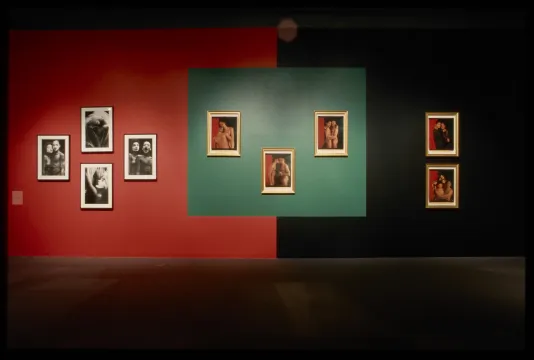 Figurative photographs by artist Lyle Ashton Harris are grouped on the wall. The wall is painted red, green and black.