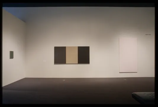 Solid colors paintings from left to right: small grey, large horizontal grey tan and brown even sections, large vertical white.