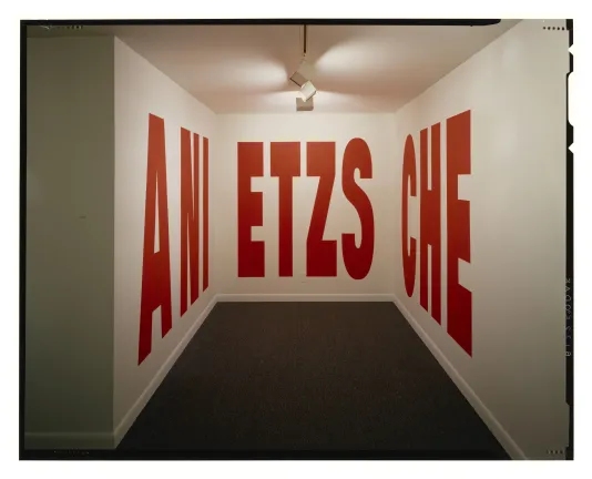 Large red block letters fill the walls of a spotlit alcove. The letters read ANI, ETZS, and CHE.