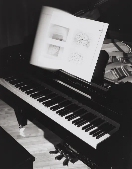 Blurred motion of book page in the process of being turned on music rack above keyboard of black grand piano