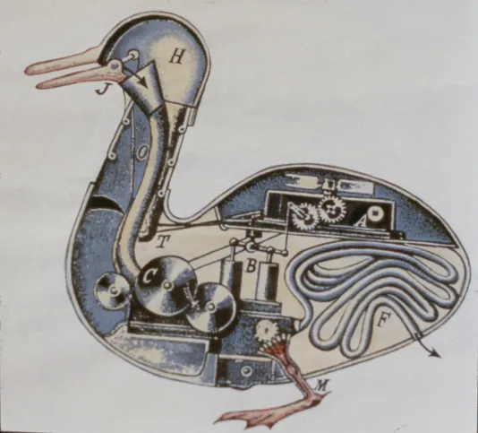Anatomy of gears, tubes, rods, drawn in blue, cream and black, within the outline of a duck with orange beak and webbed foot