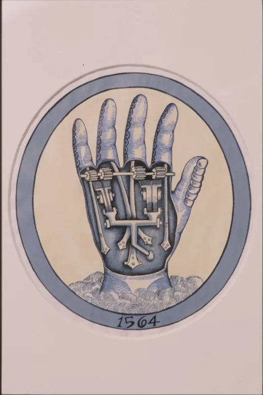 Label "1564” at base of blue oval frame encircles a drawing revealing mechanical gears and levers inside the palm of a hand.