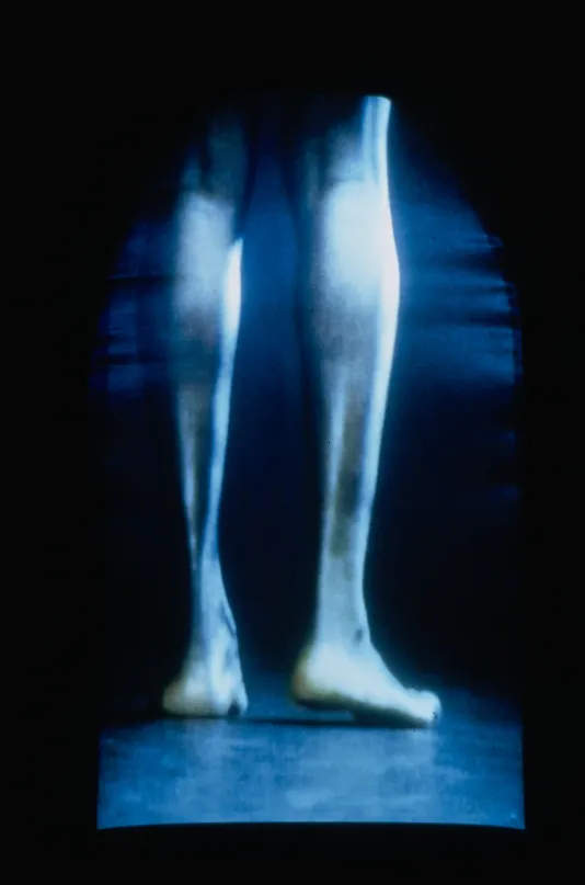 A blurred photograph of 2 legs in motion.