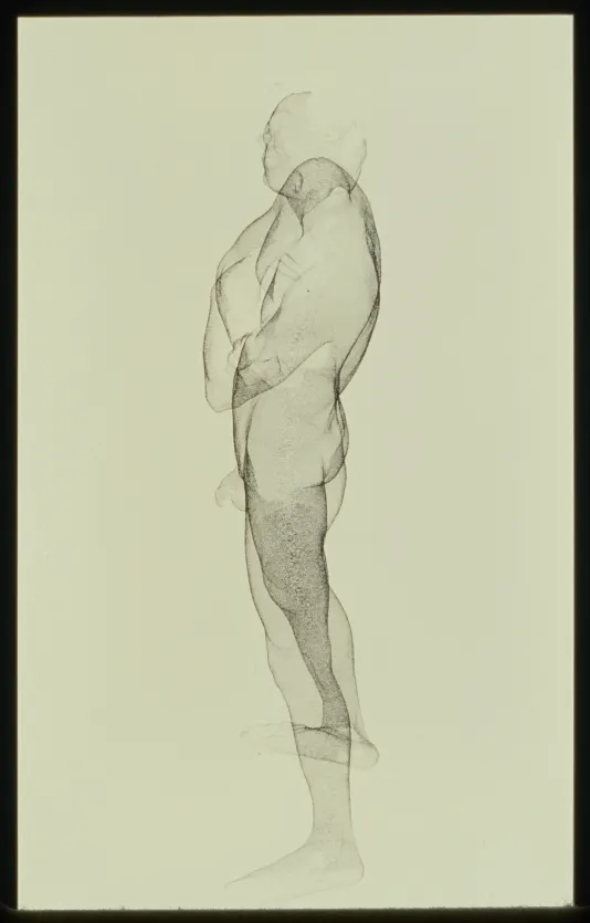 Pencil drawing of an abstracted human form standing in profile. 