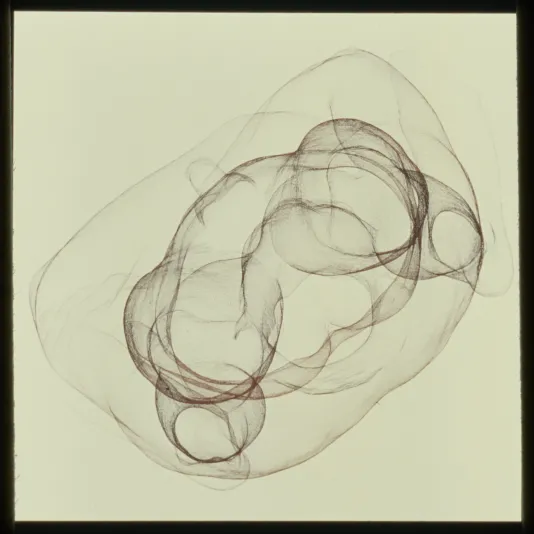 Abstract Pencil drawing ofround images inside a rectangle. 
