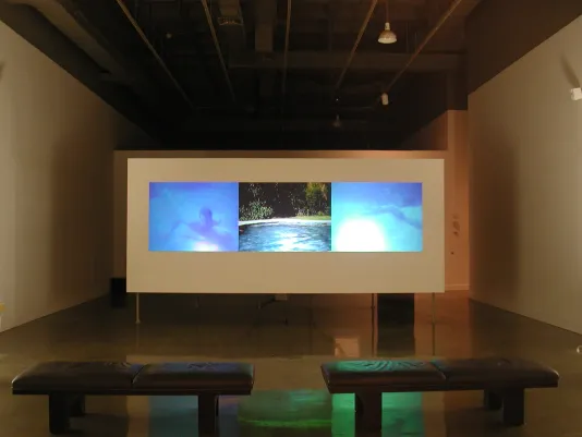 In a dimly lit space, a film screen displays 3 related images of a pool scene.