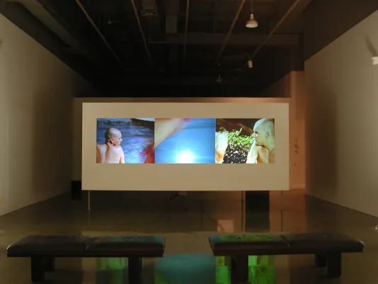 In a dimly lit space, a film screen displays 3 related poolside images.