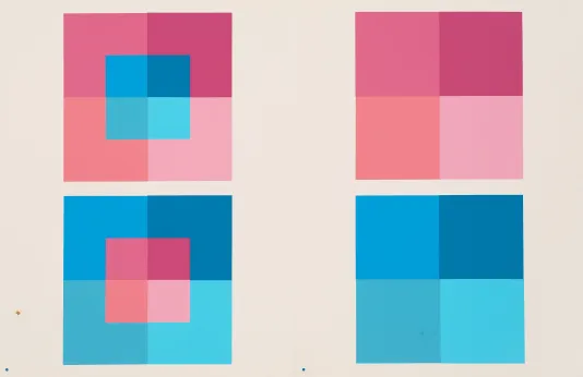 Painting with light pink and blue overlapping squares against a white background in a book.
