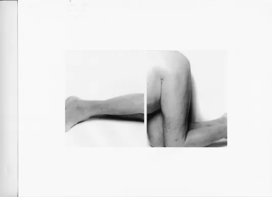 Two intimate black and white photos displayed side by side of a person’s nude legs, viewed together shape an abstract form.