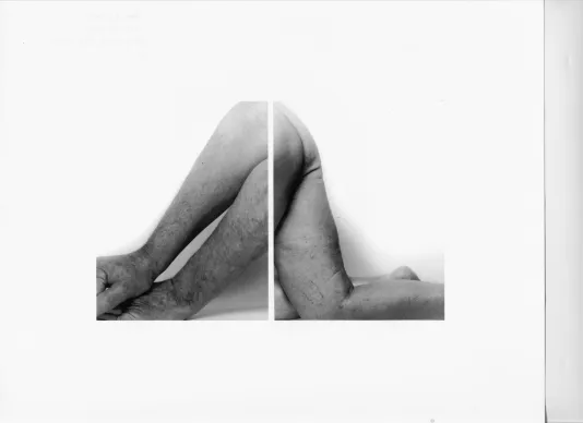 Two intimate black and white photos displayed side by side of a person’s nude arms and legs seemingly blending together.