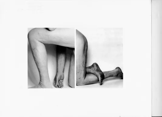 Two intimate black and white photos displayed side by side of a person posing nude on one knee with one arm hanging loose.