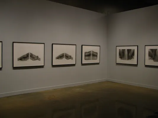 A series of framed black and white photographs hung equally spaced along two gallery walls.