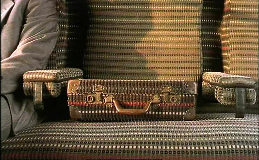 A suited figure sits left of a vacant train seat, which holds a patterned suitcase that matches the patterned cloth of its seat