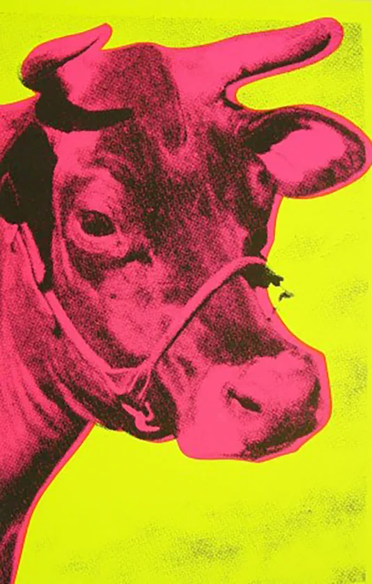 A vibrant screen print of a photograph of a cow head in pink and black against a yellow background.
