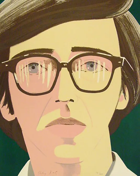 A print of a pale man's face close up, he has thick brown hair, sharp eyebrows, sky blue eyes and glasses with reflection lines.