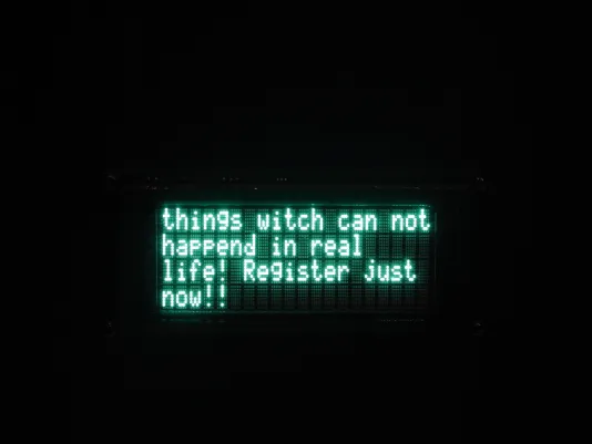 Green graphic text reads “things witch can not happend in real life! Register just now!!” on black background