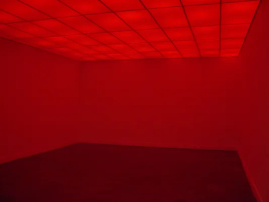 A tiled ceiling lights an empty room and fills the space with a red hue.
