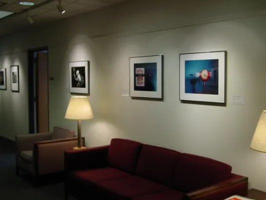A seating area with couches and side table lamps are against walls with photographs hung just above them. 