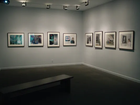A series of eight framed color photographs hang on two walls and lit from above with a bench in the foreground.