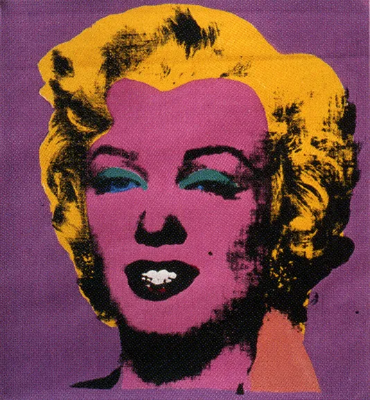 Replication of Warhol's iconic Marilyn Monroe portrait with pink face, gold hair, teal and blue eyes on a purple background.