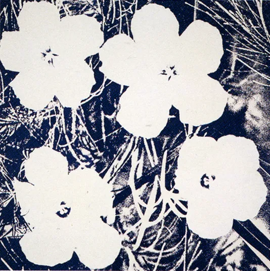 Replication of Andy Warhol's iconic Flowers print with white flowers and a dark blue background.