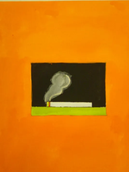A print of a smoking cigarette flat on a green horizontal stripe and framed in a black rectangle with a bright orange border.
